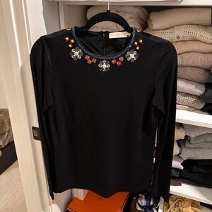 Tory Burch Liana Top Jersey Knit Black‎ Embellished Neckline SIZE S